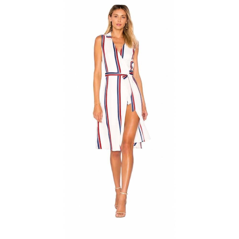 L’Academie Los Angeles Dress Small White Red Blue Stripe Wrap Midi Sleeveless